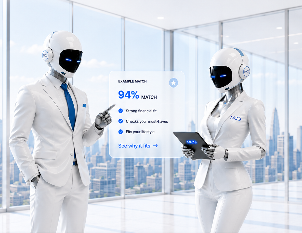 Two MyCarGuys AI advisors in a bright office reviewing an example 94% vehicle match card